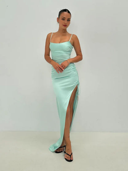 Dress Spaghetti Straps Sexy Hight Slit Prom Dress Sheath Sleeveless Floor-Length Solid Color Maxi Dress