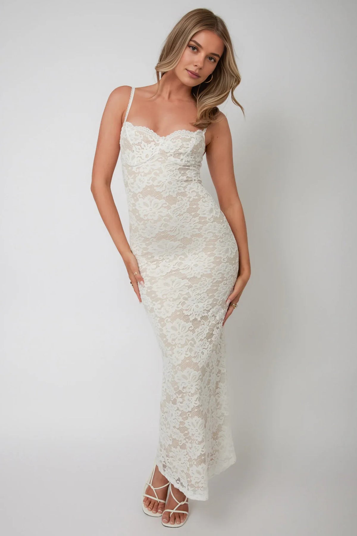 Dress Spaghetti Straps Sheath/Column Prom Dress Lace Dress White Sleeveless Party Dress Maxi Dress