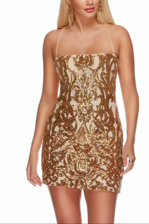 Dress Spaghetti Straps Sheath Column Sleeveless Backless Lace Up Sequins Homecoming Dress