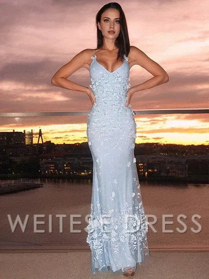 Dress Spaghetti Straps SheathColumn Tulle Applique Halter Sleeveless Floor-Length Dress
