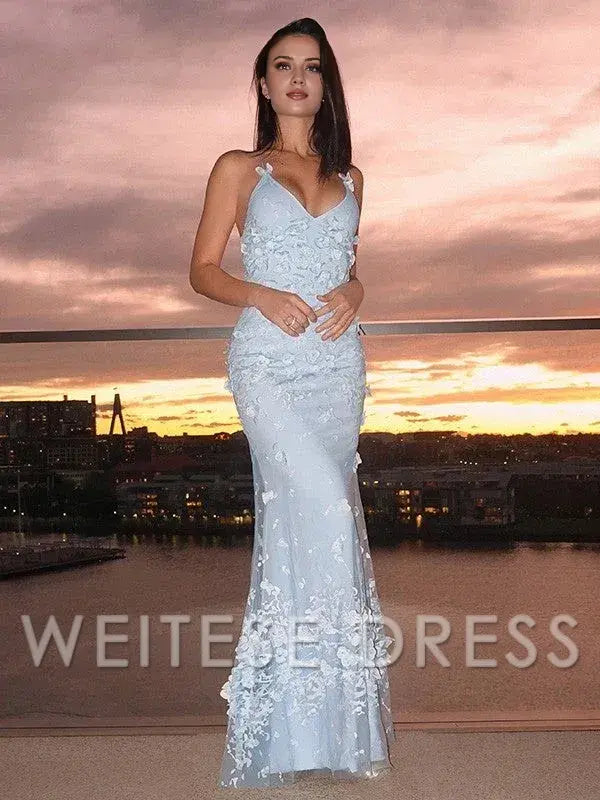 Dress Spaghetti Straps SheathColumn Tulle Applique Halter Sleeveless Floor-Length Dress