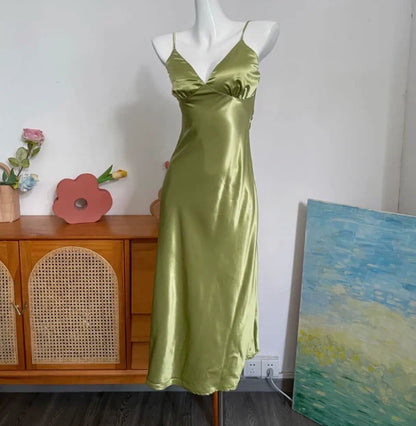 Dress Spaghetti Straps Simple V-neck Satin Green Sleeveless Backless Prom Dress