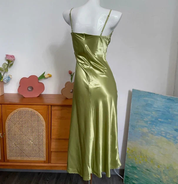 Dress Spaghetti Straps Simple V-neck Satin Green Sleeveless Backless Prom Dress