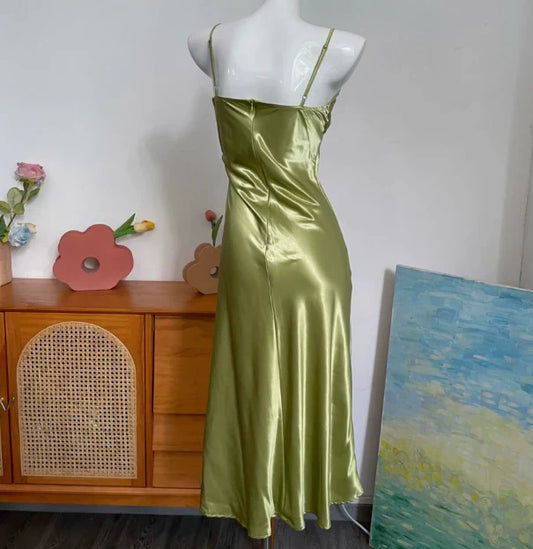 Dress Spaghetti Straps Simple V-neck Satin Green Sleeveless Backless Prom Dress