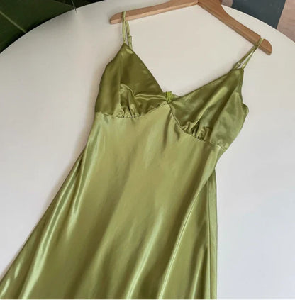 Dress Spaghetti Straps Simple V-neck Satin Green Sleeveless Backless Prom Dress