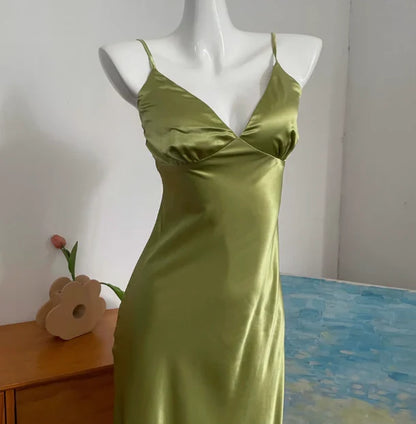 Dress Spaghetti Straps Simple V-neck Satin Green Sleeveless Backless Prom Dress