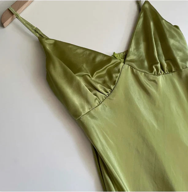 Dress Spaghetti Straps Simple V-neck Satin Green Sleeveless Backless Prom Dress