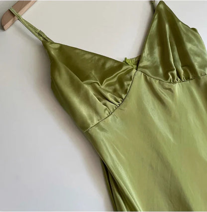 Dress Spaghetti Straps Simple V-neck Satin Green Sleeveless Backless Prom Dress