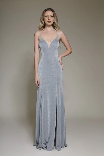 Dress Spaghetti Straps Sleeveless Backless Maxi Dress Formal Fitted Slit Lace-Up Prom Dress With Sweep/Brush Train