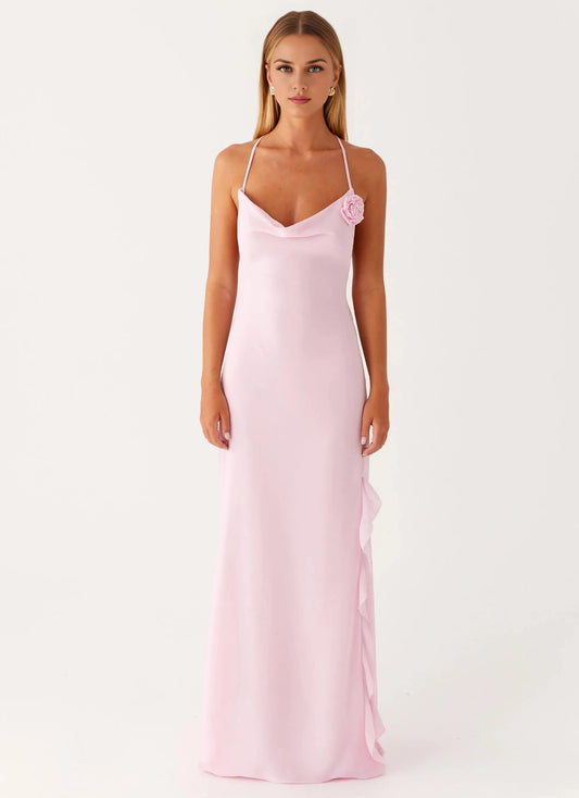 Dress Spaghetti Straps Sleeveless Pink Ruffle Sexy Backless Floor-Length Prom Dress With Slit
