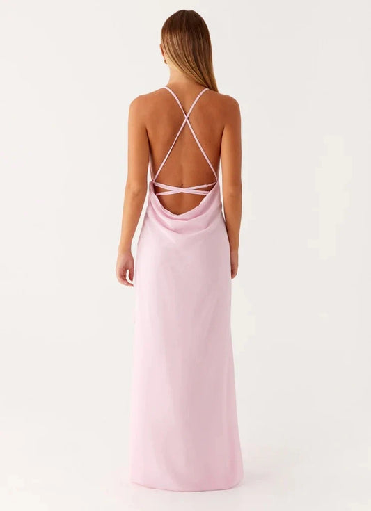 Dress Spaghetti Straps Sleeveless Pink Ruffle Sexy Backless Floor-Length Prom Dress With Slit