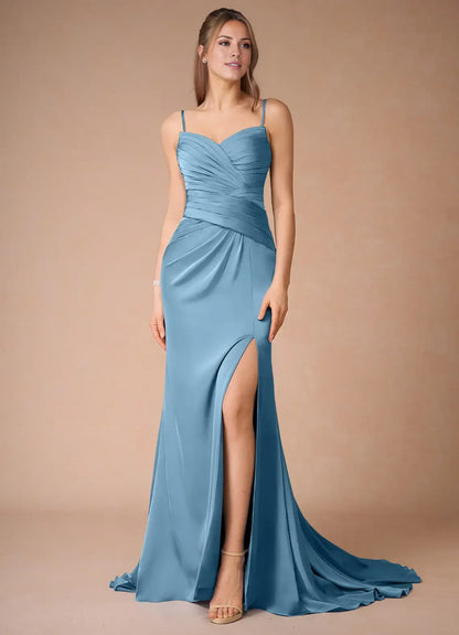 Dress Spaghetti Straps Steel Blue Simple Satin Maxi Dress Sleeveless Mermaid Side Slit Prom Dress