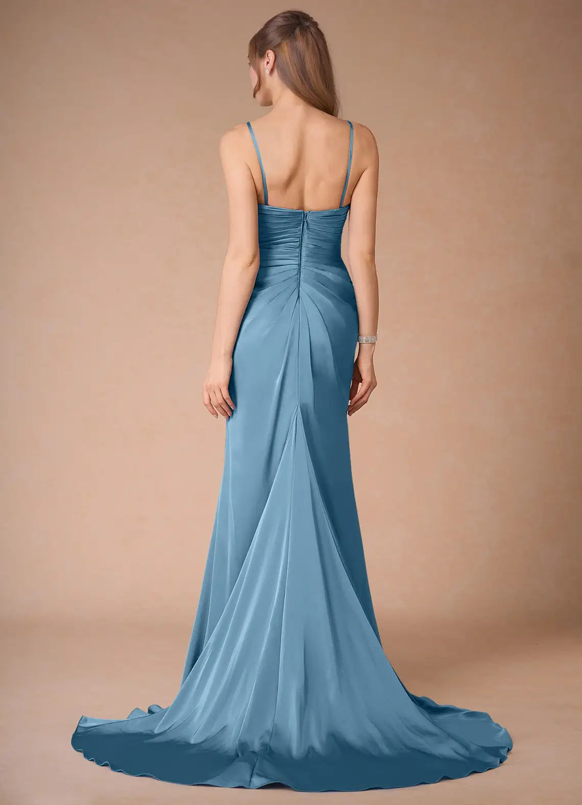 Dress Spaghetti Straps Steel Blue Simple Satin Maxi Dress Sleeveless Mermaid Side Slit Prom Dress