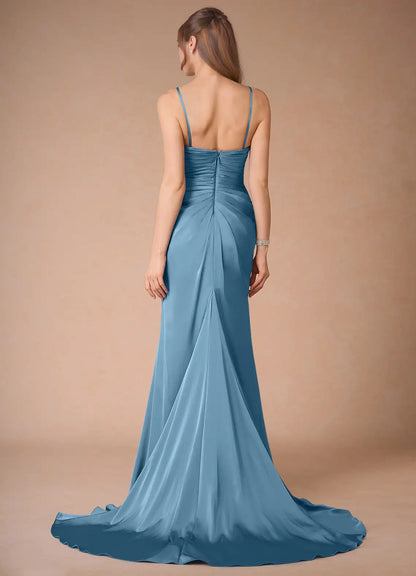 Dress Spaghetti Straps Steel Blue Simple Satin Maxi Dress Sleeveless Mermaid Side Slit Prom Dress