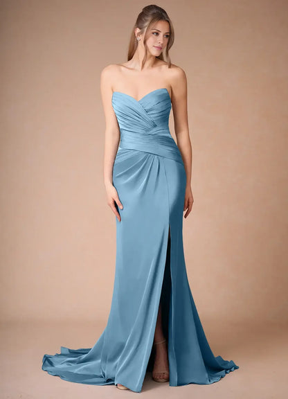 Dress Spaghetti Straps Steel Blue Simple Satin Maxi Dress Sleeveless Mermaid Side Slit Prom Dress