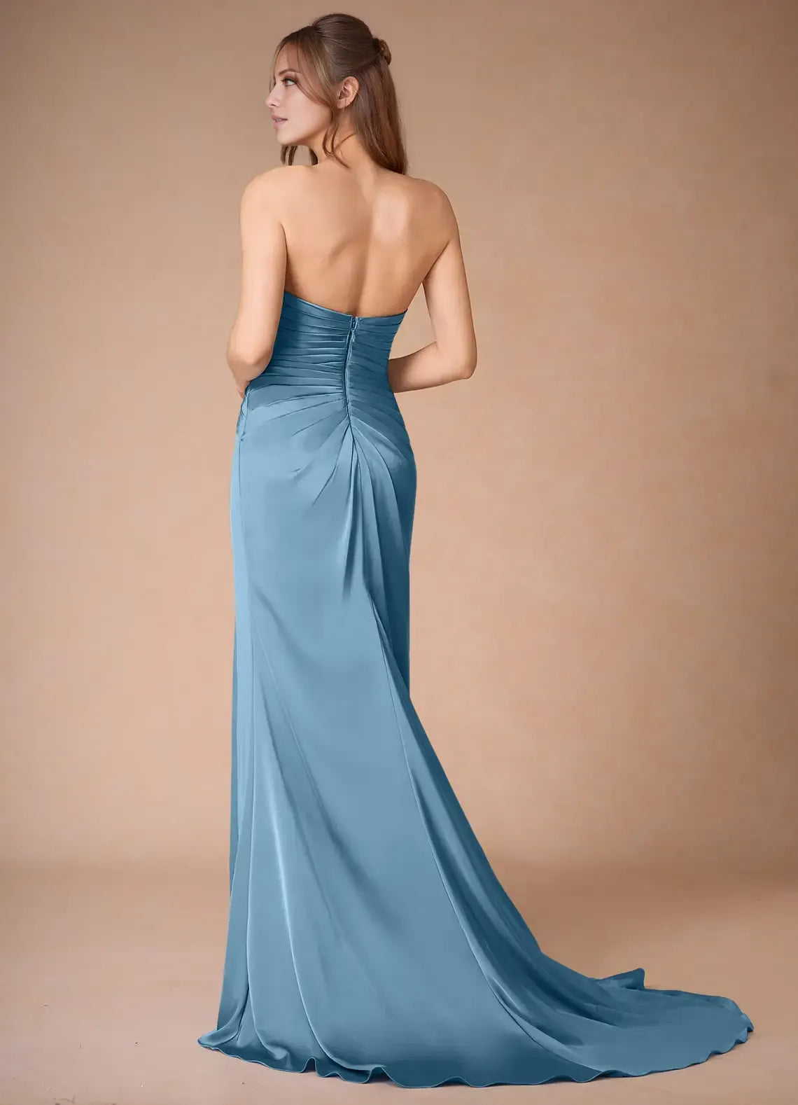 Dress Spaghetti Straps Steel Blue Simple Satin Maxi Dress Sleeveless Mermaid Side Slit Prom Dress