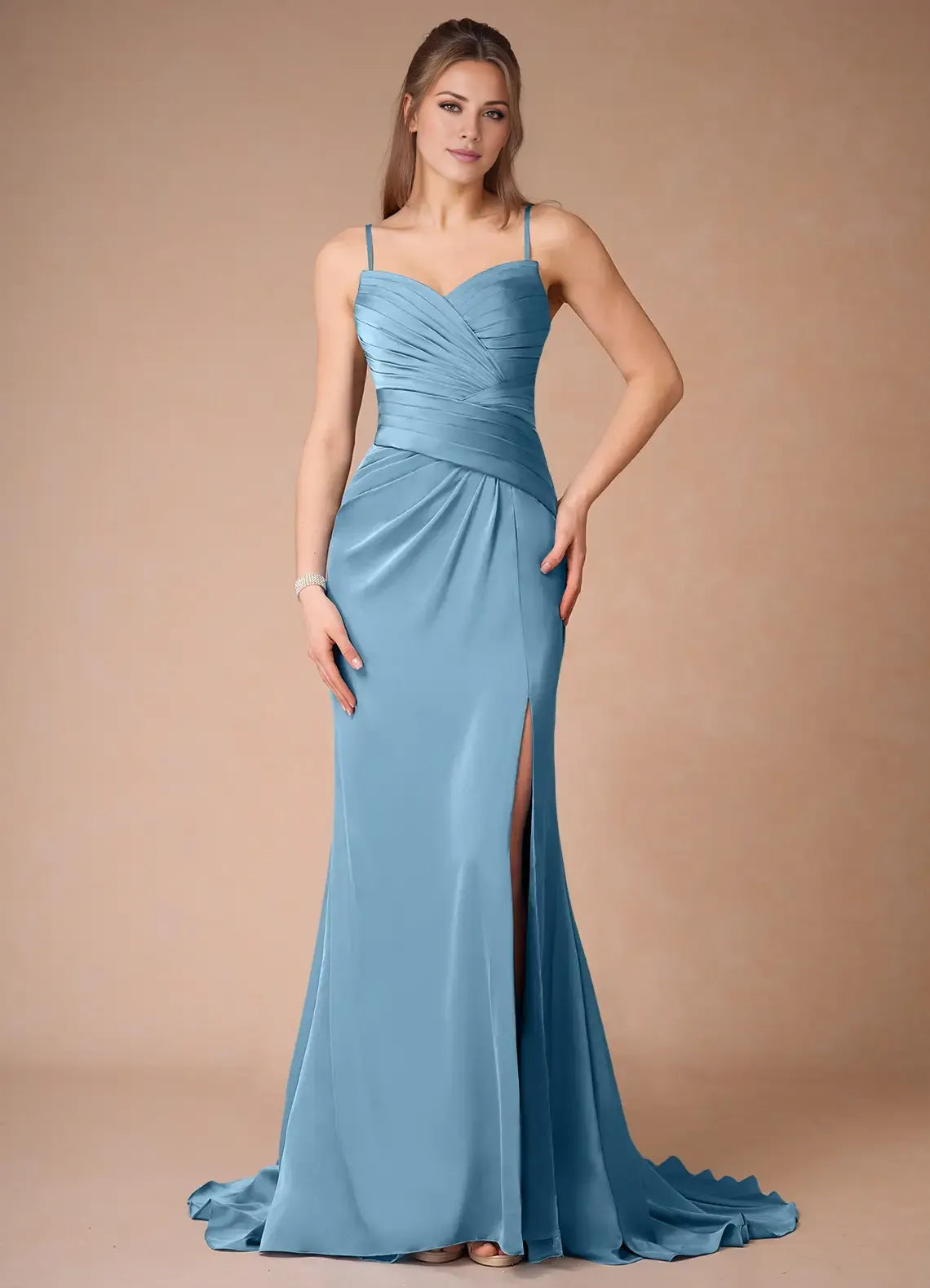 Dress Spaghetti Straps Steel Blue Simple Satin Maxi Dress Sleeveless Mermaid Side Slit Prom Dress