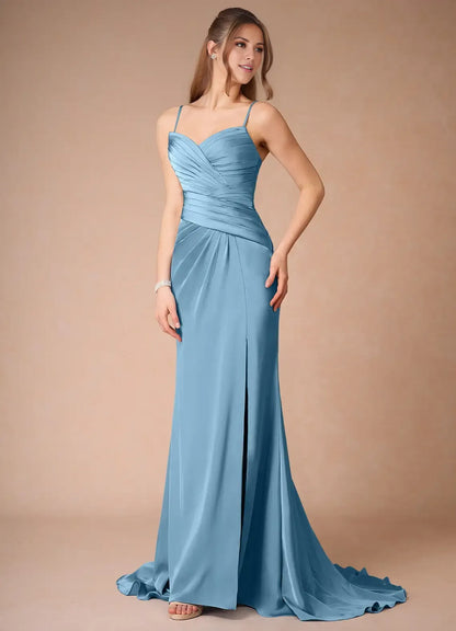 Dress Spaghetti Straps Steel Blue Simple Satin Maxi Dress Sleeveless Mermaid Side Slit Prom Dress