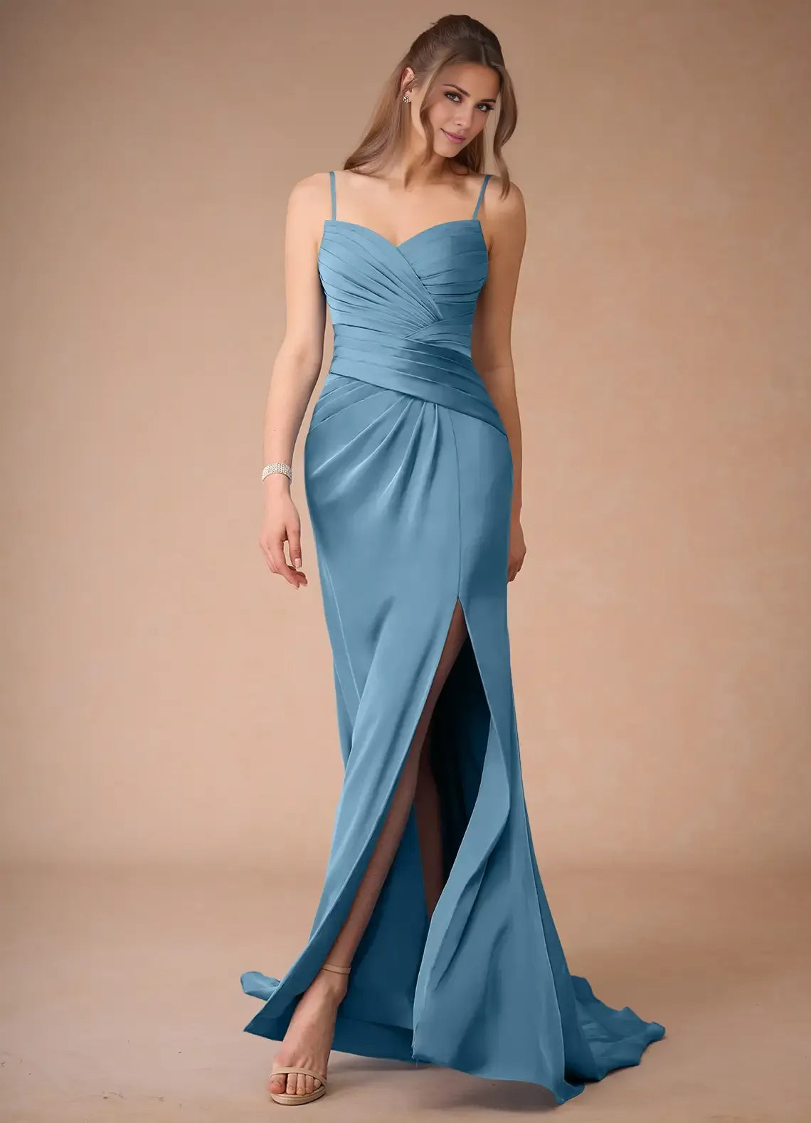 Dress Spaghetti Straps Steel Blue Simple Satin Maxi Dress Sleeveless Mermaid Side Slit Prom Dress