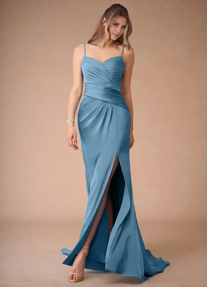 Dress Spaghetti Straps Steel Blue Simple Satin Maxi Dress Sleeveless Mermaid Side Slit Prom Dress