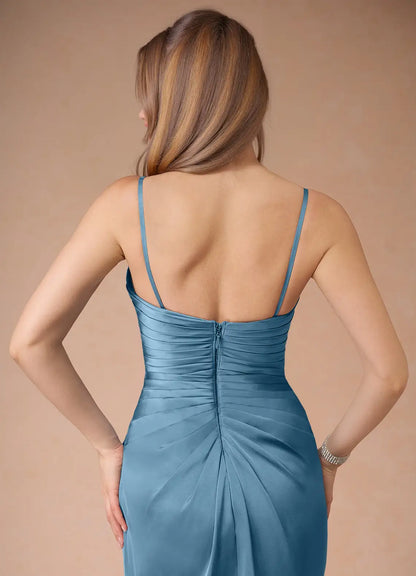 Dress Spaghetti Straps Steel Blue Simple Satin Maxi Dress Sleeveless Mermaid Side Slit Prom Dress