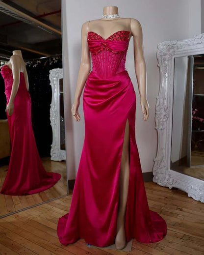 Dress Spaghetti Straps Sweetheart Seeleveless Sheath High Split Pleated Satin Party Dress With Beads Evening Dress Prom Dress
