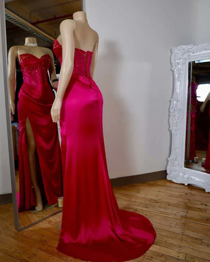 Dress Spaghetti Straps Sweetheart Seeleveless Sheath High Split Pleated Satin Party Dress With Beads Evening Dress Prom Dress