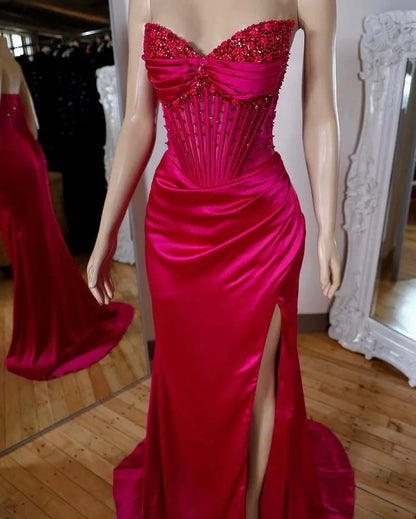 Dress Spaghetti Straps Sweetheart Seeleveless Sheath High Split Pleated Satin Party Dress With Beads Evening Dress Prom Dress