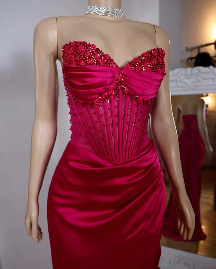 Dress Spaghetti Straps Sweetheart Seeleveless Sheath High Split Pleated Satin Party Dress With Beads Evening Dress Prom Dress