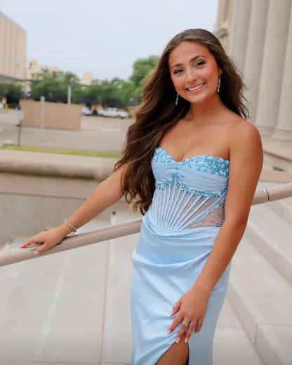 Dress Spaghetti Straps Sweetheart Seeleveless Sheath High Split Pleated Satin Party Dress With Beads Evening Dress Prom Dress