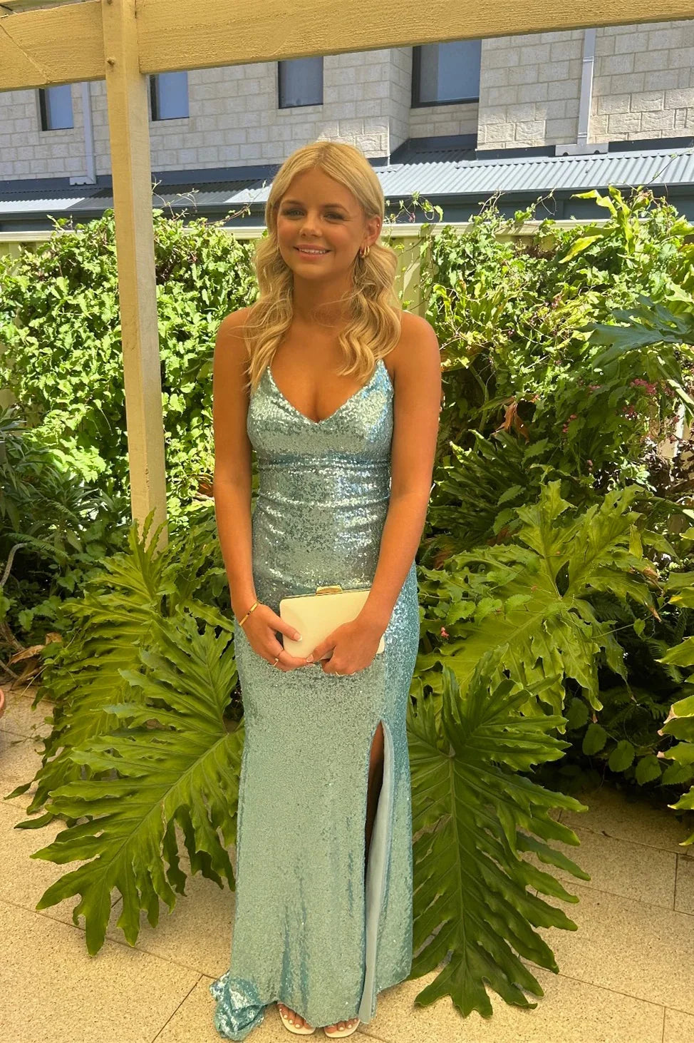 Dress Spaghetti Straps V-neck Mint Sequin Mermaid Long Dress With Slit Prom Dress