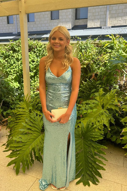 Dress Spaghetti Straps V-neck Mint Sequin Mermaid Long Dress With Slit Prom Dress