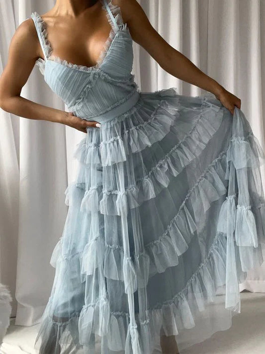 Dress Spaghetti Straps V Neck Sleeveless A-line Floor Length Light Blue Tulle Layers Long Prom Dress