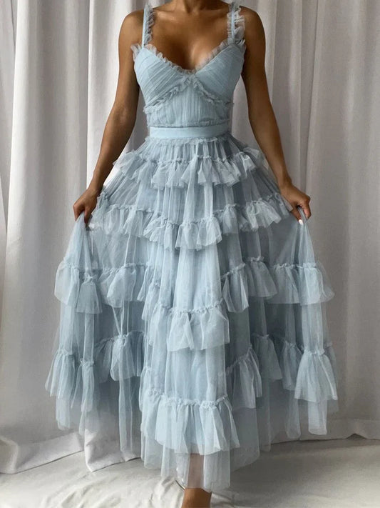 Dress Spaghetti Straps V Neck Sleeveless A-line Floor Length Light Blue Tulle Layers Long Prom Dress