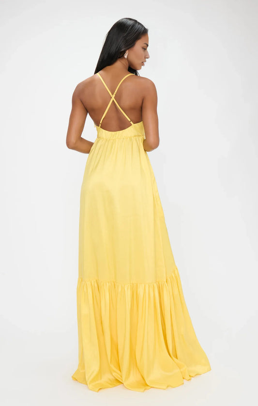 Dress Spaghetti Straps V Neck Yellow Maxi Dress Princess Satin Solid Color Crisscross Back Elegant Prom Dress