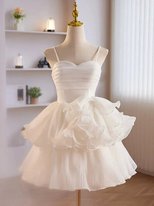 Dress Spaghetti Straps White Ruffles Layered A-line Short Dress Lace-Up Back Homecoming Dress
