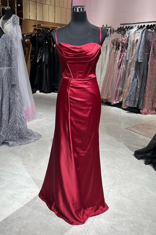 Dress Spaghetti Straps Wine Red Satin Cowl Neck Dress Lace-up Back Maxi Dress Prom Dress