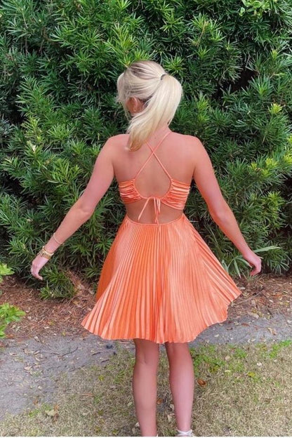 Dress Spaghettiu Straps Orange Pleated A-line Short Party Dress Sleeveless Homecoming Dress
