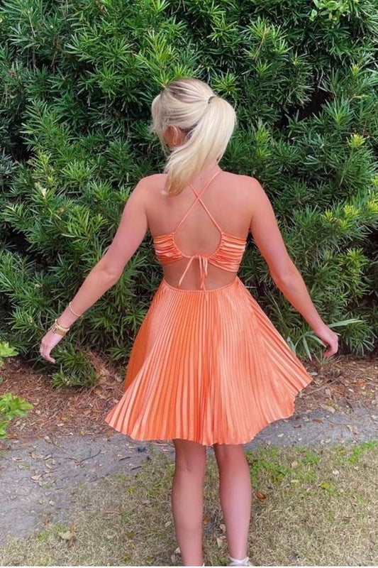 Dress Spaghettiu Straps Orange Pleated A-line Short Party Dress Sleeveless Homecoming Dress