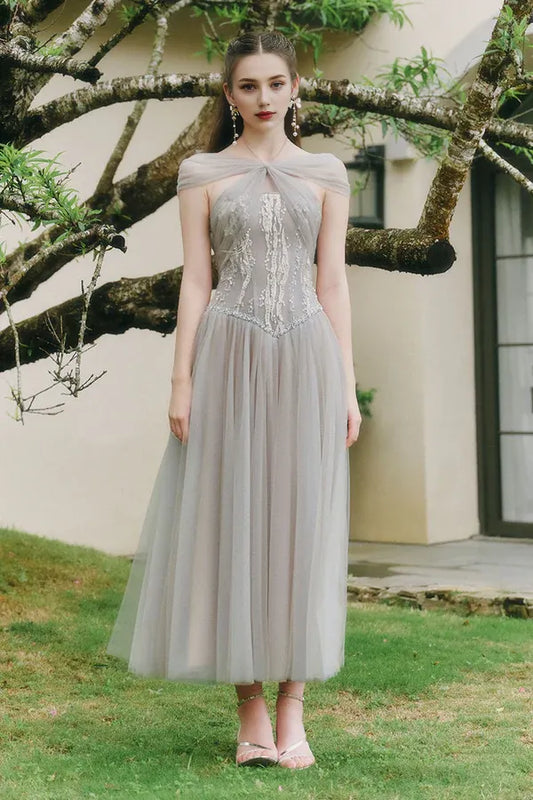 Dress Sparkle A-line Corset Waist Tulle Ankle Length Maxi Dress Sleeveless Elegant Pleated Backless Prom Dress