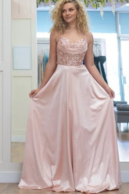 Dress Sparkly A-Line Spaghetti Straps Corset Pink Long Prom Dress