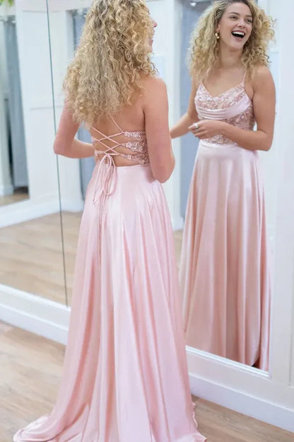 Dress Sparkly A-Line Spaghetti Straps Corset Pink Long Prom Dress
