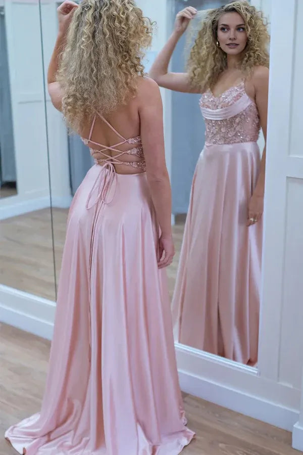 Dress Sparkly A-Line Spaghetti Straps Corset Pink Long Prom Dress