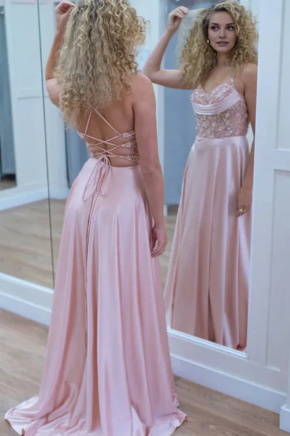 Dress Sparkly A-Line Spaghetti Straps Corset Pink Long Prom Dress