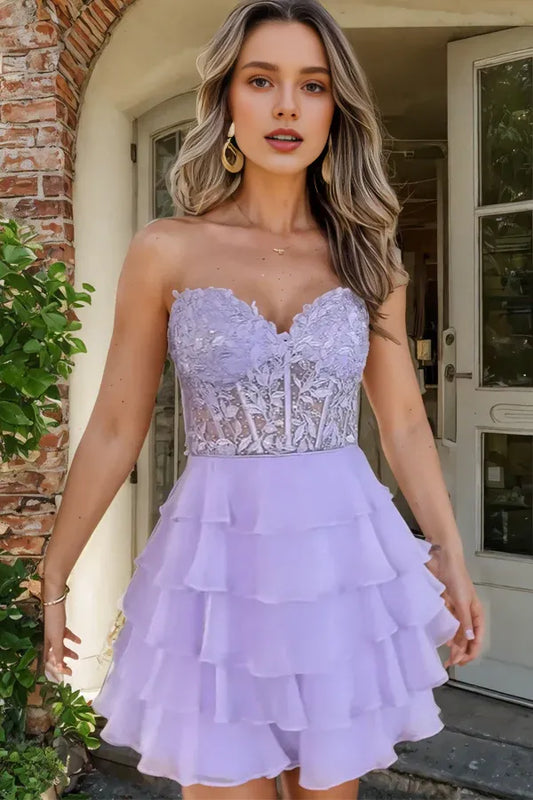 Dress Sparkly A-line Strapless Appliques Tiered Lilac Homecoming Dress