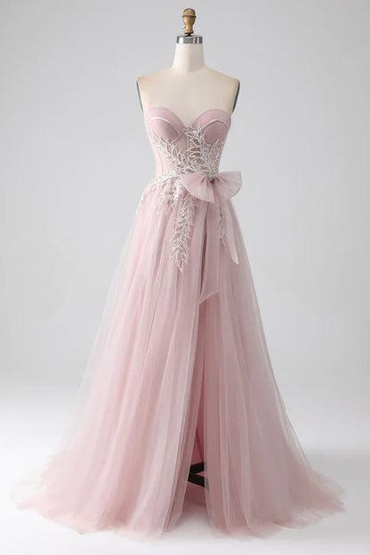 Dress Sparkly A Line Strapless Tulle Party Dress Sleeveless Maxi Dress With Bow Prom Dress