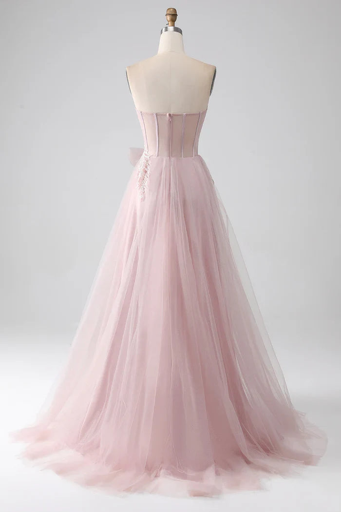 Dress Sparkly A Line Strapless Tulle Party Dress Sleeveless Maxi Dress With Bow Prom Dress