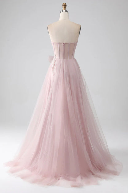 Dress Sparkly A Line Strapless Tulle Party Dress Sleeveless Maxi Dress With Bow Prom Dress