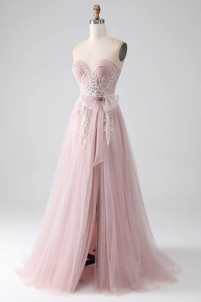 Dress Sparkly A Line Strapless Tulle Party Dress Sleeveless Maxi Dress With Bow Prom Dress