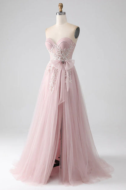 Dress Sparkly A Line Strapless Tulle Party Dress Sleeveless Maxi Dress With Bow Prom Dress